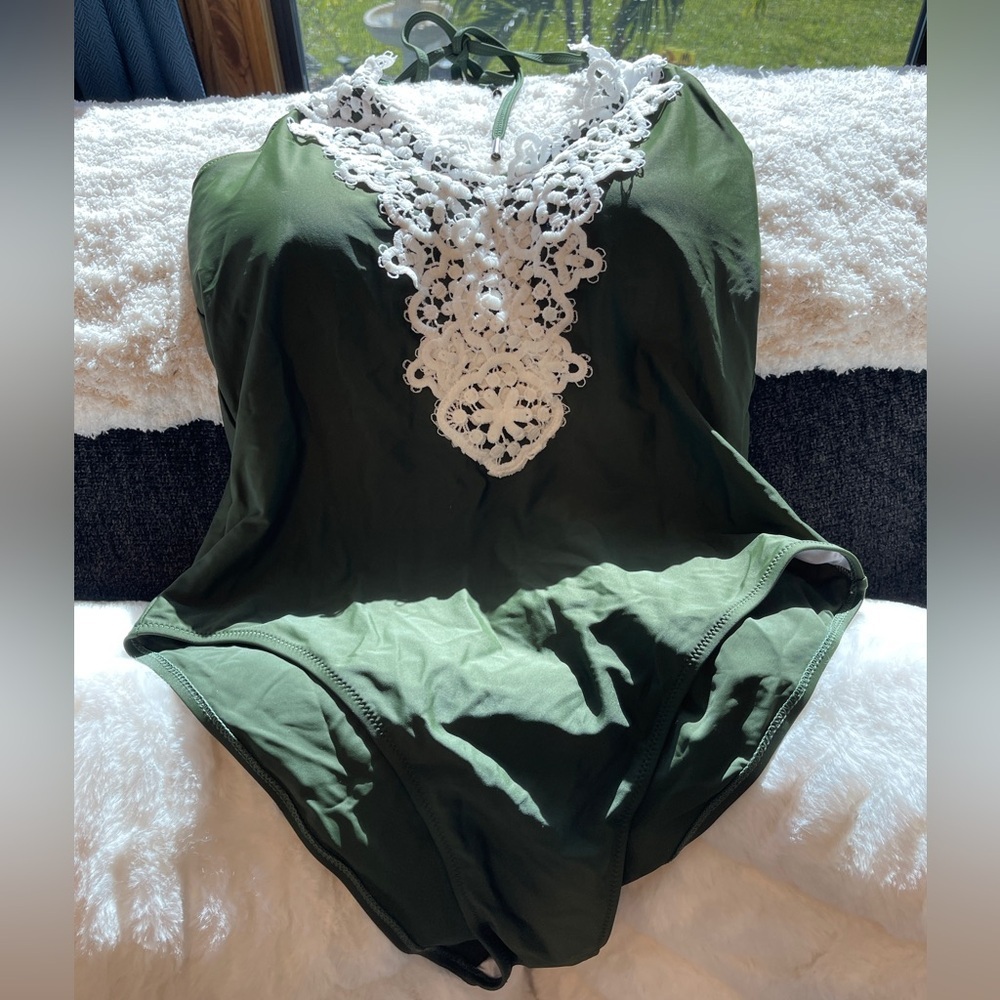 BLOOMINGJELLY One Piece Swimsuit Lace Vintage Halter In Hunter Green XL - Picture 8 of 12